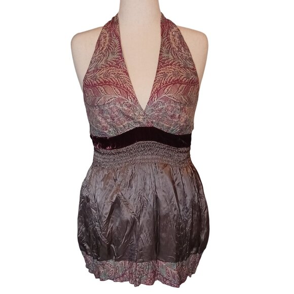 Hale Bob Silk Embellished Halter Crinkle Mini Dress in Gray & Pink Multi, Size M - Picture 1 of 16